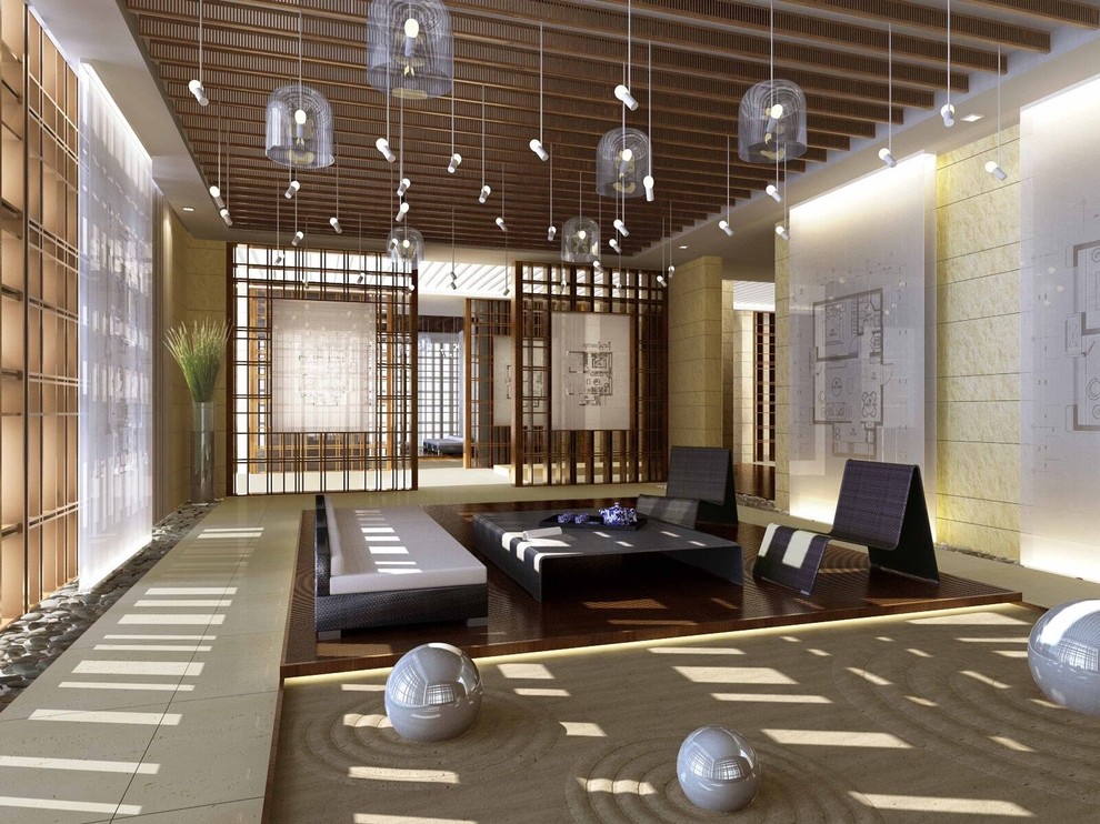 This is an example of a large asian formal open concept living room in Other with no fireplace, no tv, multi-coloured walls, ceramic floors and beige floor.