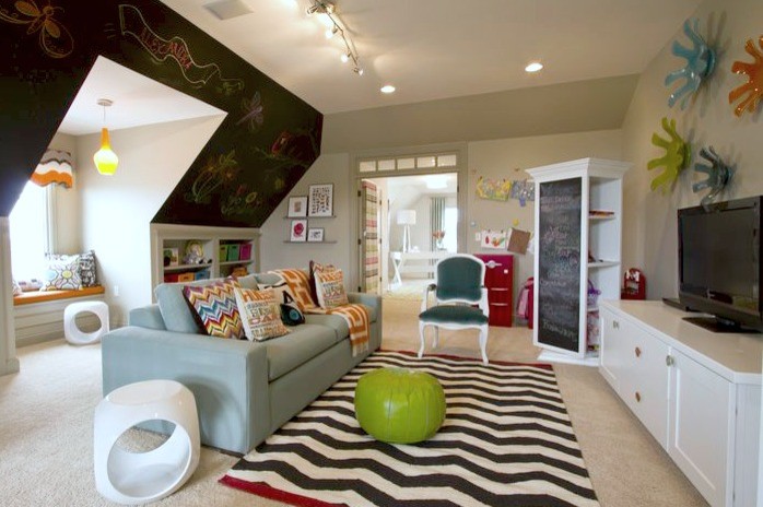 Design ideas for a large eclectic gender-neutral kids' playroom for kids 4-10 years old in Indianapolis with grey walls and carpet.