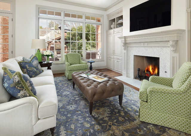 Updated Traditional Family Room With Kelly Green Accents