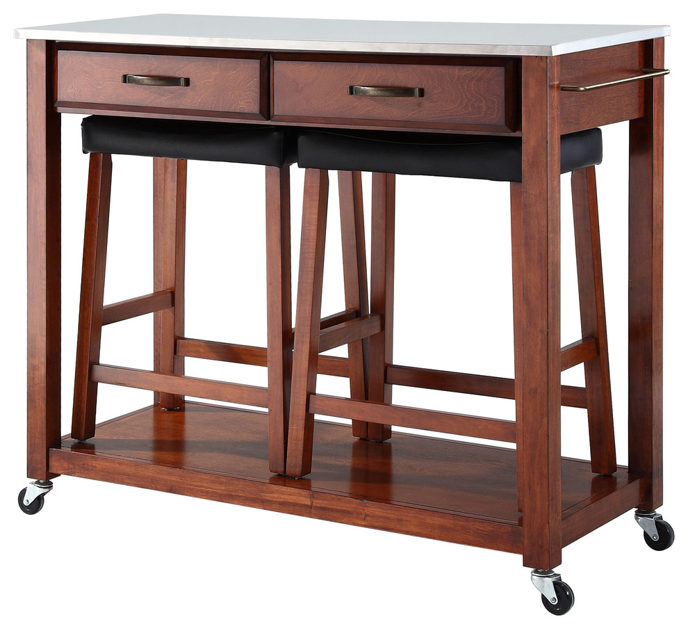 Stainless Steel Top Kitchen Cart, Classic Cherry, 24" Upholstered Saddle Stools