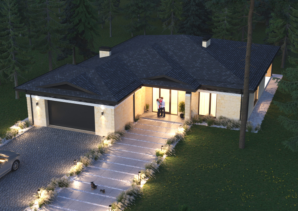 Проект 1-этажного 5-комнатного жилого дома в стиле Райта