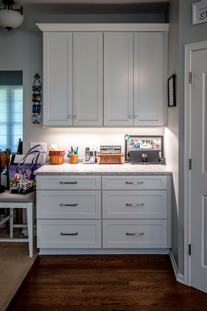 White Shaker Kitchen w/ Pietra Quartz Countertop and Gray Subway Tile ...