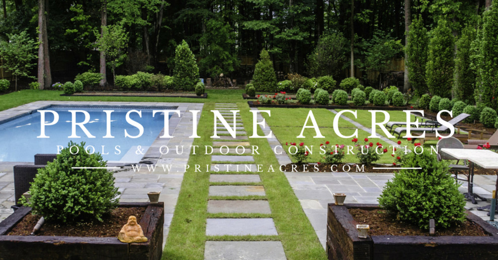 Example of a large transitional backyard stone and rectangular pool design in DC Metro