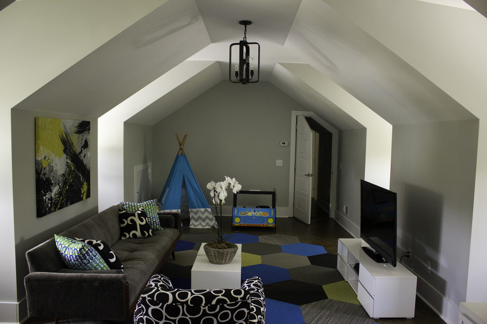 Expansive modern kids' room in Charleston with grey walls and carpet for boys.
