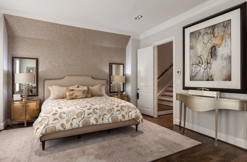 Mid-sized transitional master bedroom in Houston with beige walls, no fireplace and dark hardwood floors.
