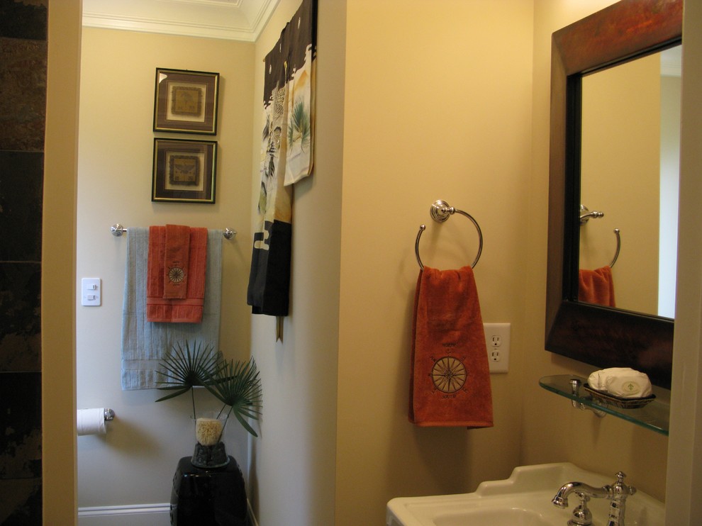 Inspiration for a small asian 3/4 bathroom in Raleigh with a console sink, a drop-in tub, a one-piece toilet, brown tile, beige walls, mosaic tile floors, ceramic tile, open cabinets, white cabinets, a shower/bathtub combo, glass benchtops, beige floor, a shower curtain and a single vanity.