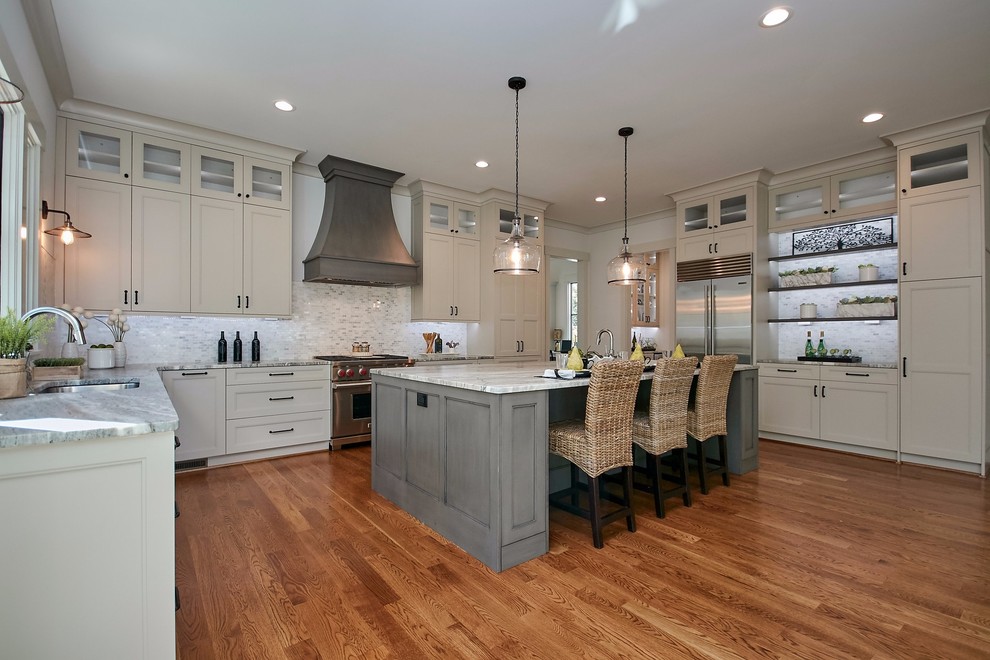 Inspiration for a large country u-shaped open plan kitchen in DC Metro with a single-bowl sink, shaker cabinets, grey cabinets, quartzite benchtops, multi-coloured splashback, marble splashback, stainless steel appliances, medium hardwood floors, with island, brown floor and multi-coloured benchtop.