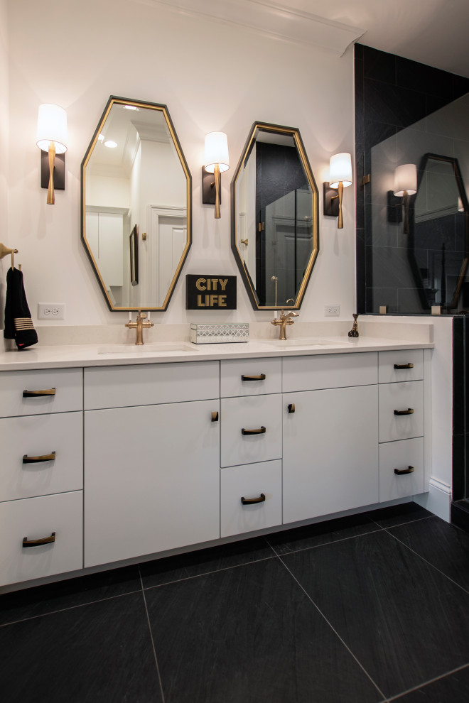 Mid-sized contemporary master bathroom in Nashville with flat-panel cabinets, white cabinets, a two-piece toilet, black tile, porcelain tile, white walls, porcelain floors, an undermount sink, engineered quartz benchtops, white benchtops, a double vanity and a built-in vanity.
