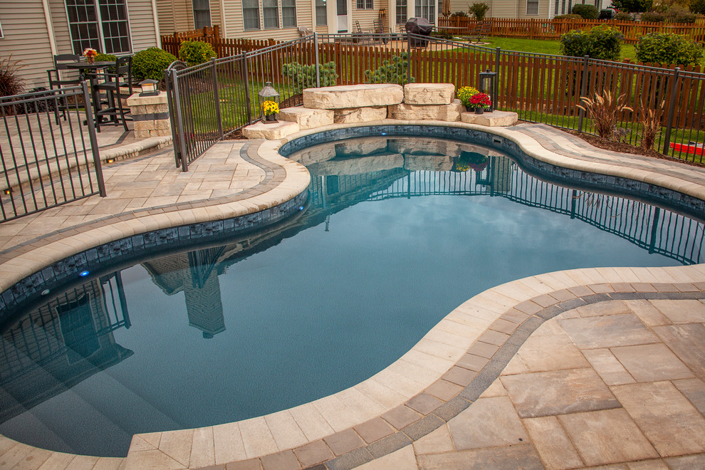 This is an example of a mid-sized modern backyard custom-shaped natural pool in Chicago with a water feature and natural stone pavers.