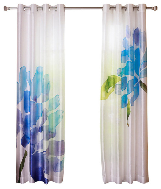 Faux Silk Flower Printed Watercolor Grommet 84 Curtain Panel Pair Faux Silk Flower Printed Watercolor Grommet Curtain Panels Pair Blue 84