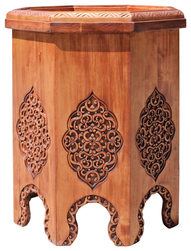 Octagon Floral Relief Carving Side End Table