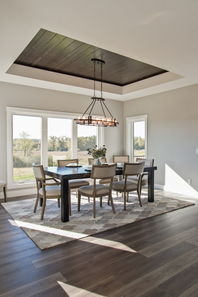 Great room - transitional vinyl floor, tray ceiling and brown floor great room idea with beige walls