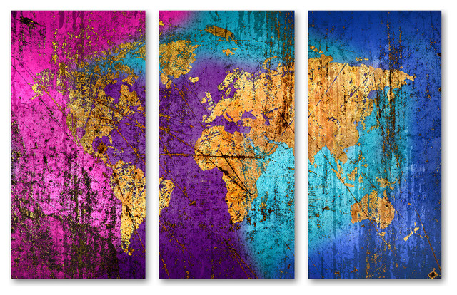 Abstract Mixed Art World Map, Canvas Print, 3 Panel Split, Triptych ...