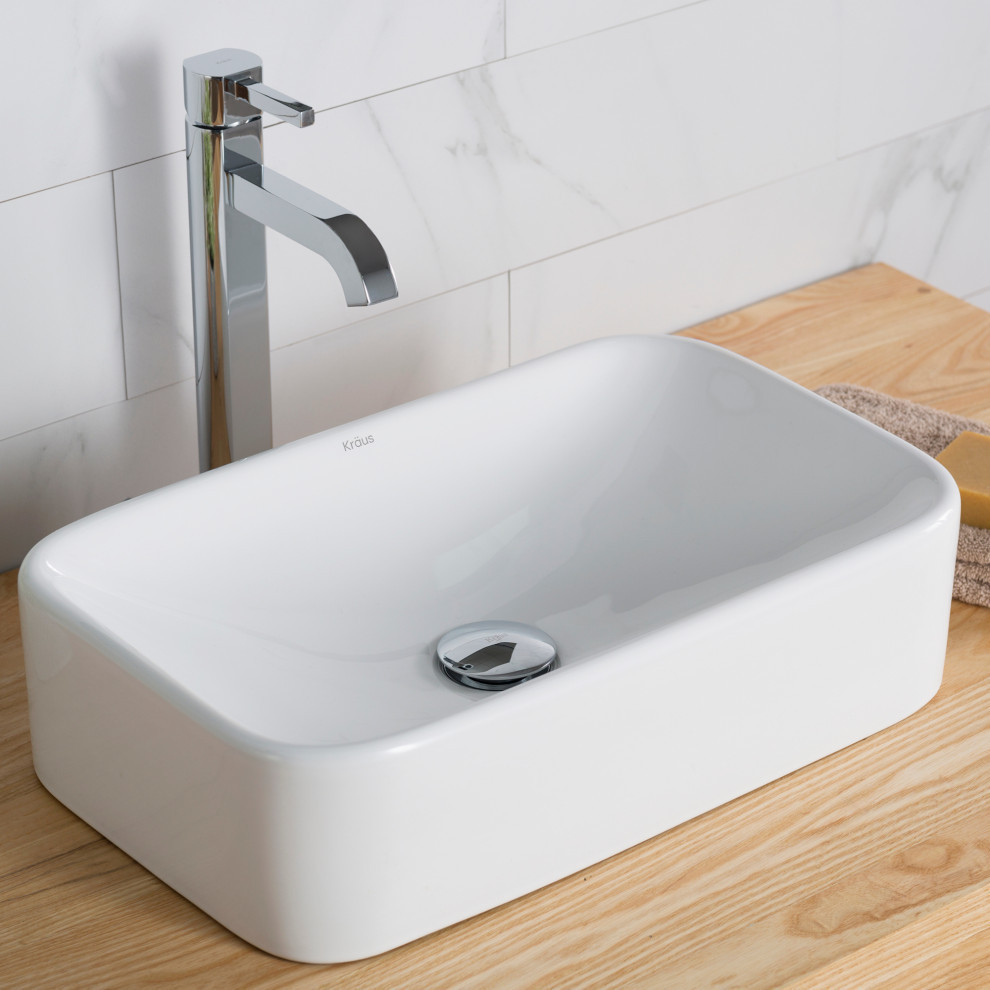 Elavo Rectangle Ceramic Vessel Sink, Bathroom Ramus Faucet, PU Drain
