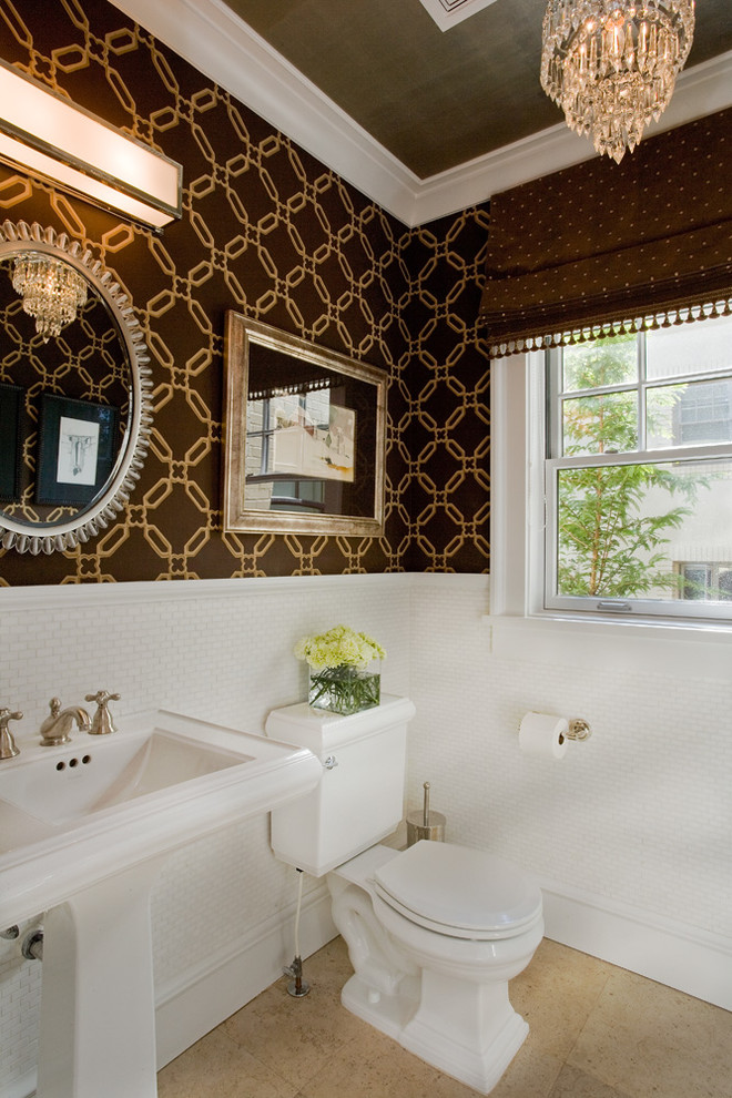 Inspiration for a traditional powder room in Salt Lake City with a pedestal sink, white tile, mosaic tile and brown walls.