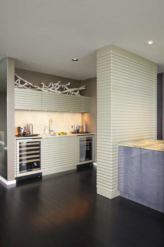 Inspiration for a modern kitchen in Portland with beige cabinets and beige splashback.