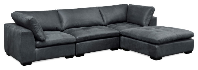 Uptown 100% Top Grain Leather Sectional with Ottoman, Gray