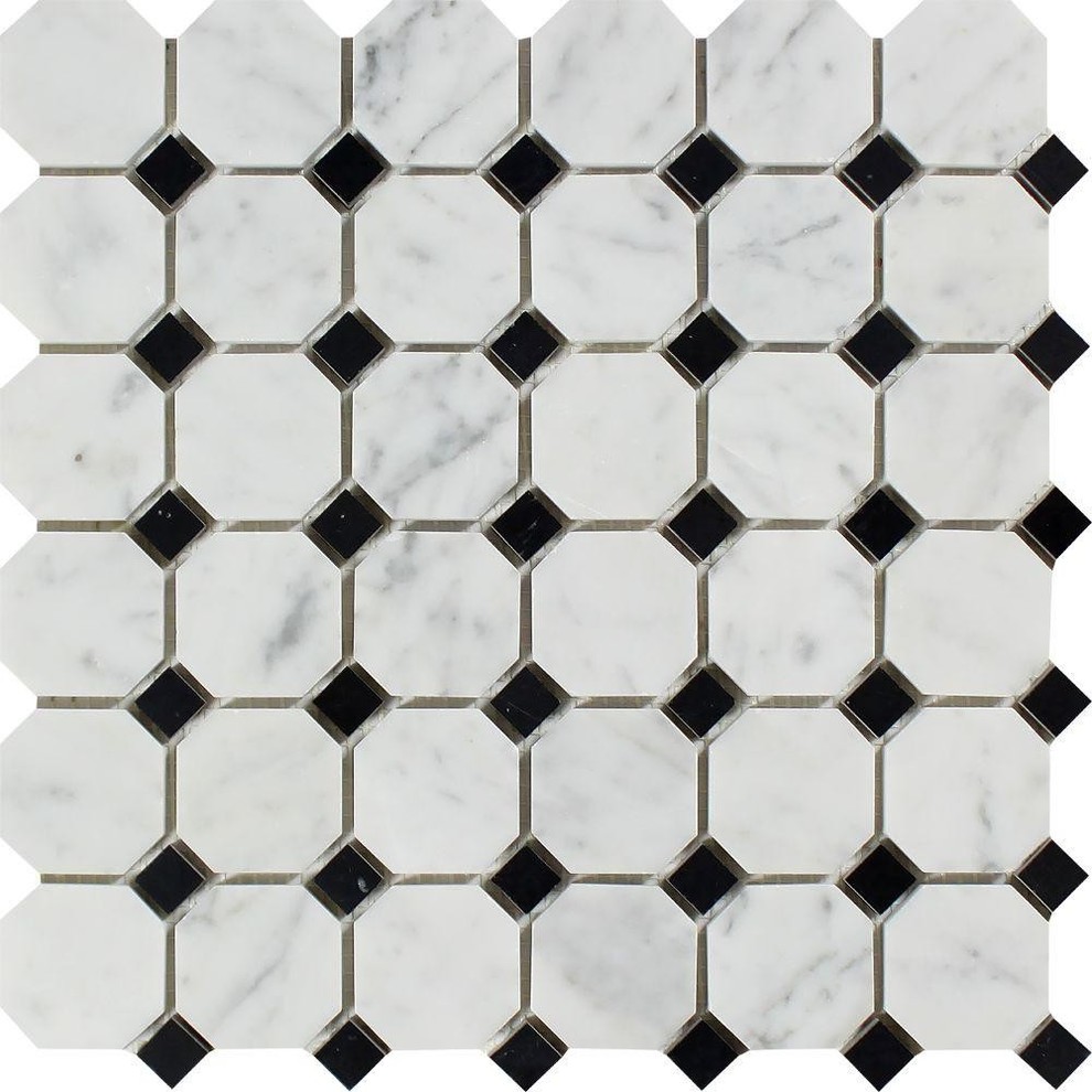Carrara Italian Polished Marble Octagon Mosaic ( With Black Dots), 10 sq.ft.