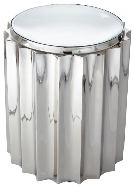 Modern Fluted Silver Metal Column Table Nickel Chrome Round Greek Architectural