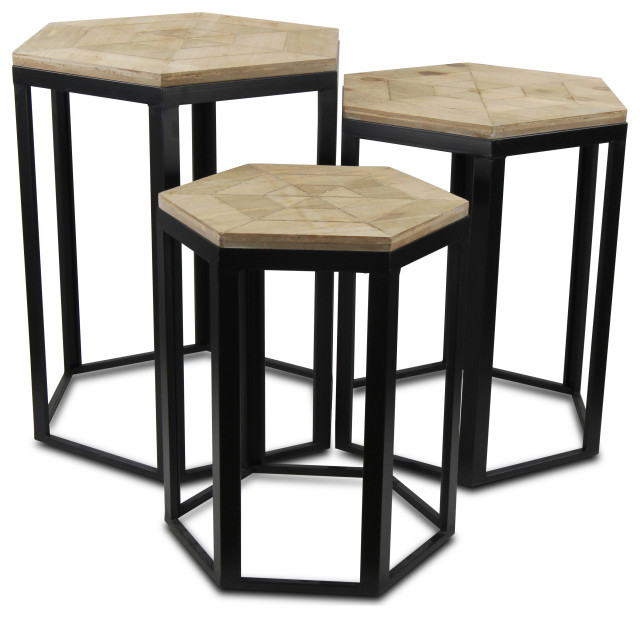 3Piece Hexagonal Wood Nesting Table Set Contemporary Side Tables
