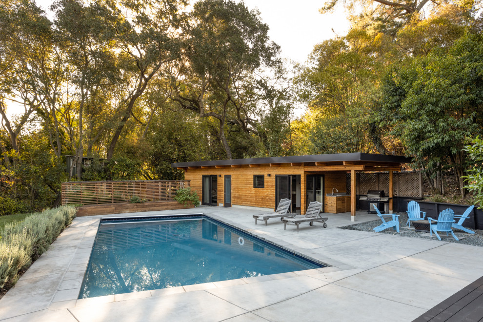 Esempio di una piscina minimalista rettangolare di medie dimensioni e dietro casa con lastre di cemento