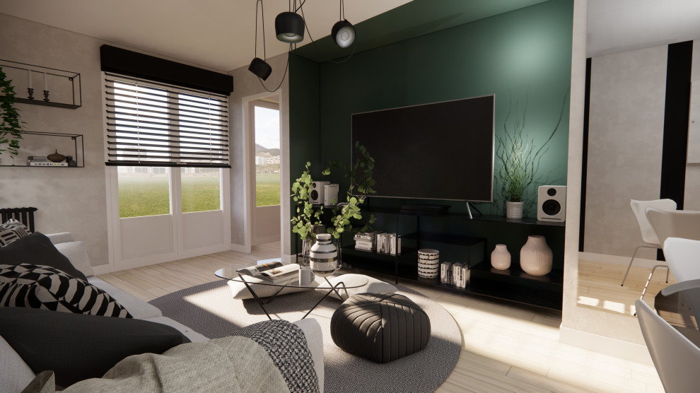 На фото: открытая гостиная комната среднего размера в современном стиле с зелеными стенами, светлым паркетным полом, отдельно стоящим телевизором и бежевым полом без камина