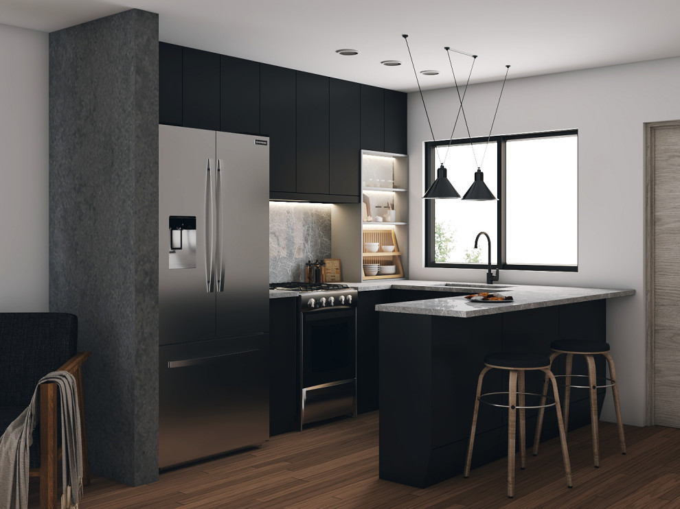 Inspiration for a mid-sized modern u-shaped open plan kitchen in Other with an undermount sink, flat-panel cabinets, black cabinets, granite benchtops, grey splashback, granite splashback, stainless steel appliances, laminate floors, a peninsula, brown floor, grey benchtop and vaulted.