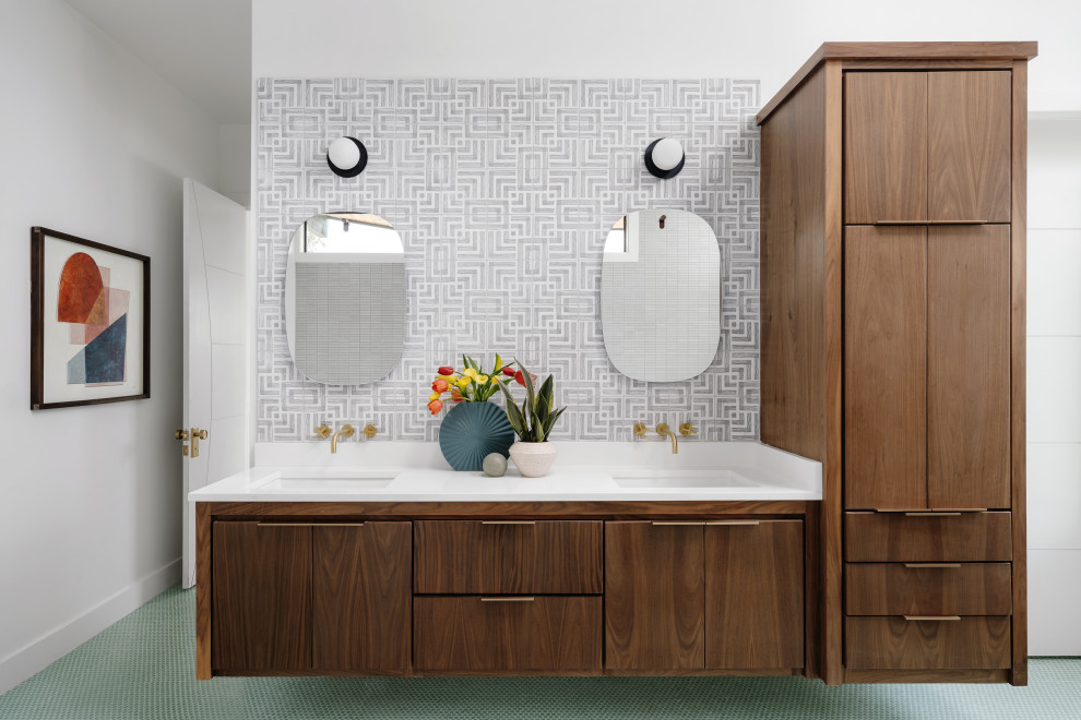 This is an example of a large midcentury master bathroom in Austin with flat-panel cabinets, brown cabinets, a freestanding tub, an open shower, black and white tile, ceramic tile, porcelain floors, a drop-in sink, engineered quartz benchtops, turquoise floor, an open shower, white benchtops, a double vanity and a floating vanity.