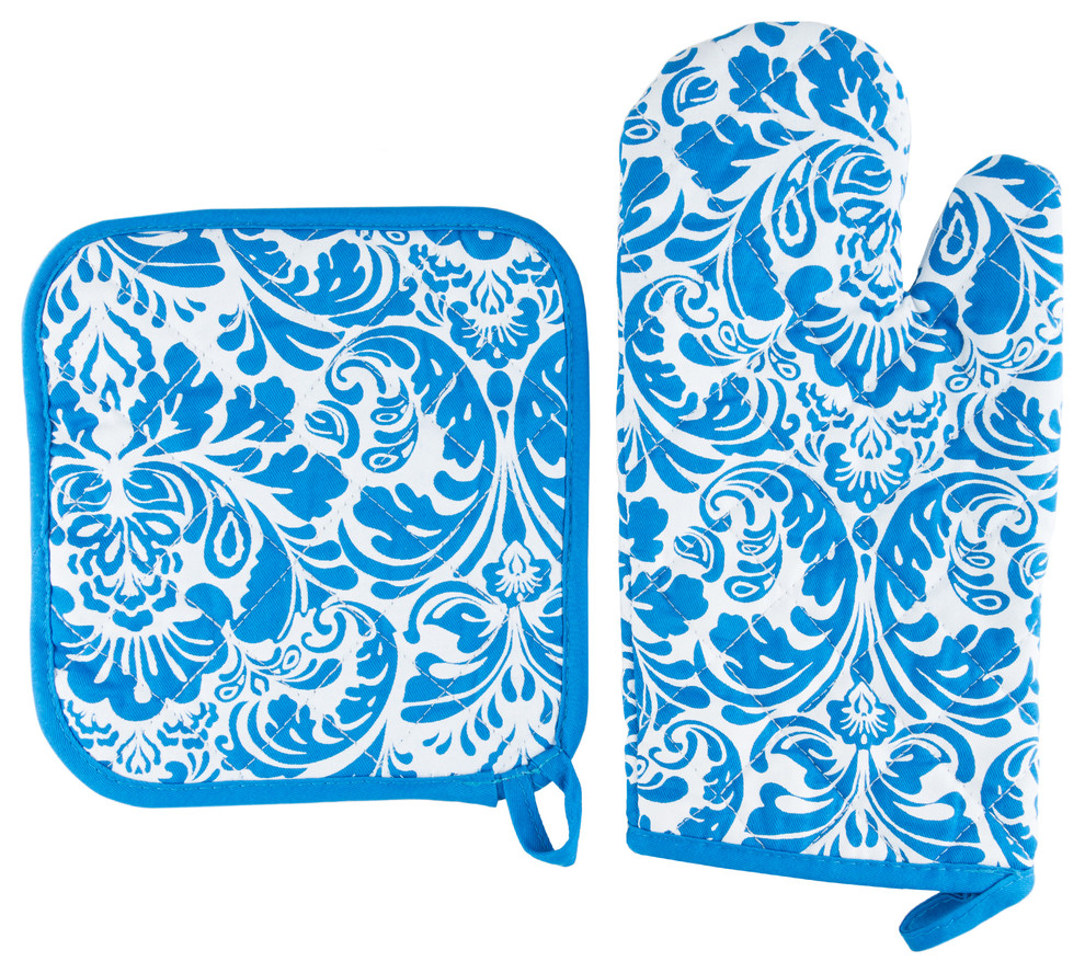 Oven Mitt And Pot Holder Set, Quilted Flame Heat Resistant By Lavish Home, Blue