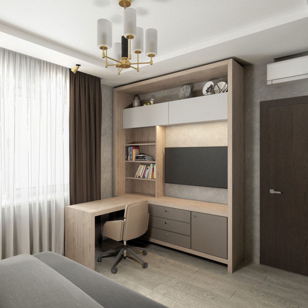 This is an example of a small modern master and grey and white bedroom in Toulouse with grey walls, light hardwood flooring, no fireplace, beige floors and a drop ceiling.