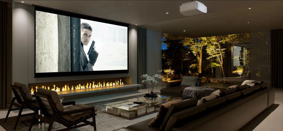 Large minimalist open concept home theater photo in Miami with a projector screen