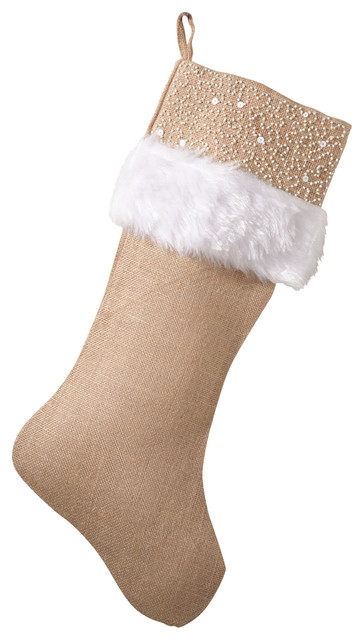 Holiday Décor Jute Design Natural Christmas Stocking, White Faux Fur and Beads