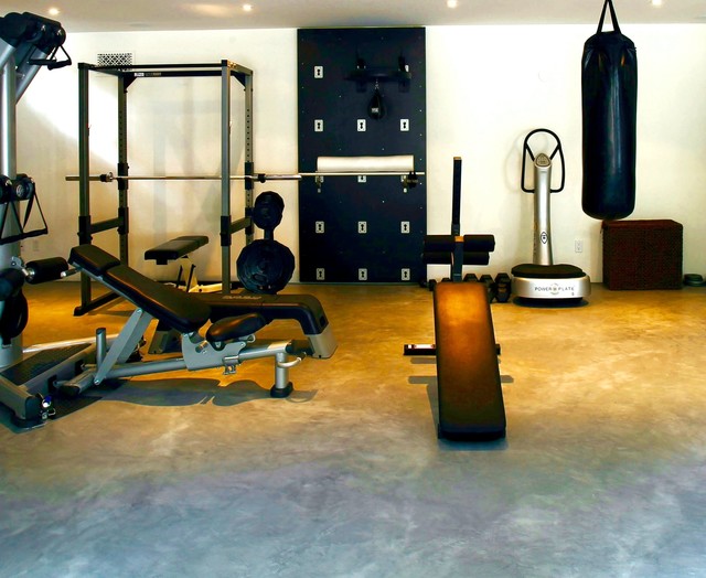 Concrete Overlay on Floor Contemporary Home Gym Los Angeles by