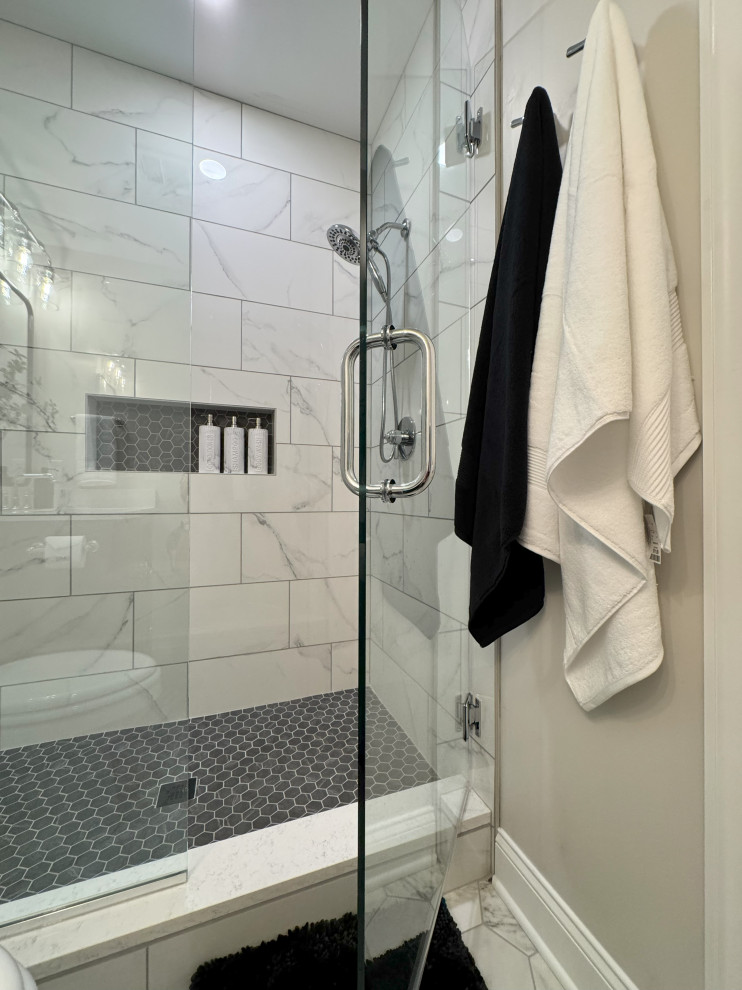 Large-Format Marble-Look Tile Walk-In Shower