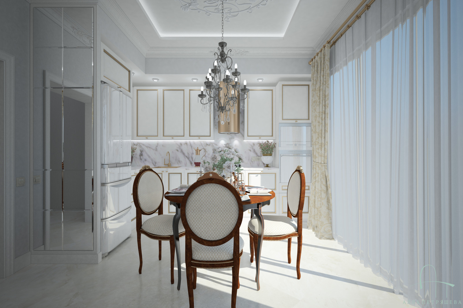 Проект Гостиной-столовой-кухни с французским оттенком.
