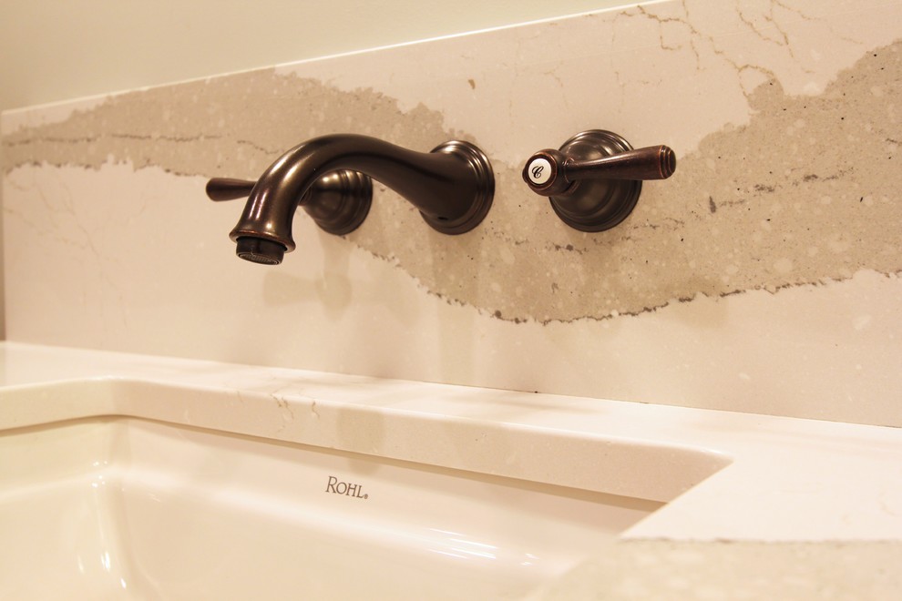 Inspiration for a small transitional 3/4 black and white tile and subway tile ceramic tile home design remodel in Omaha with red cabinets, gray walls, a drop-in sink and quartz countertops