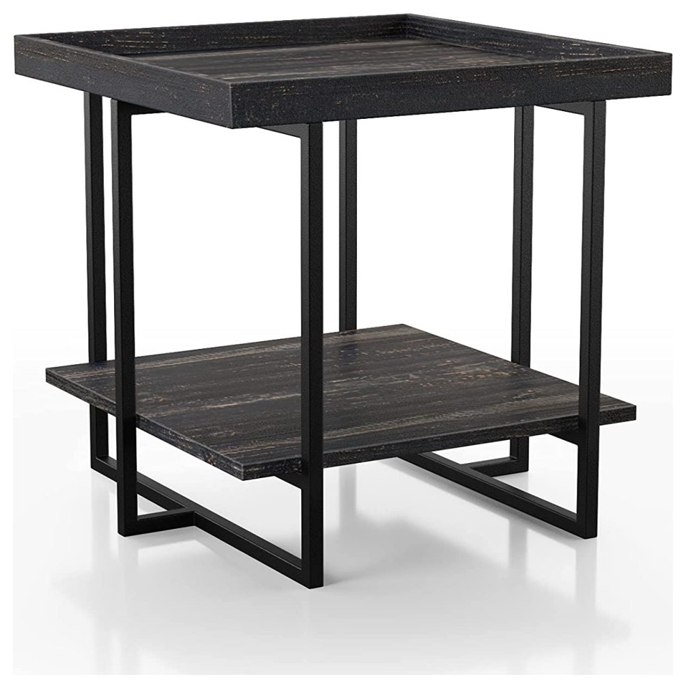 Industrial End Table, Black Metal Frame and MDF Top With Raised Edges