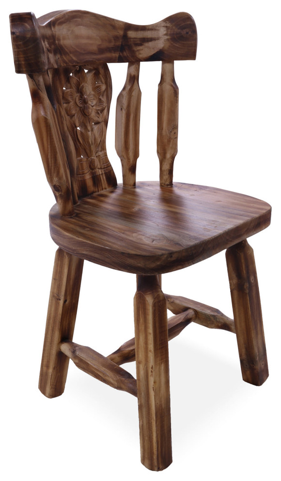 Reclaimed Wood Dining Chair Handcarved Back Sunflower Natural Color CD111