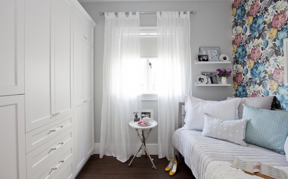 Inspiration for a transitional bedroom in Vancouver with grey walls and dark hardwood floors.