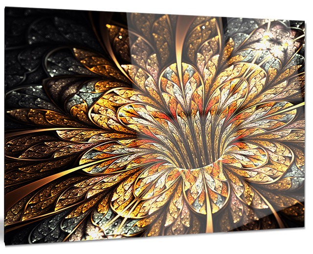 "Golden Shiny Fractal Flower" Glossy Metal Wall Art, 28"x12