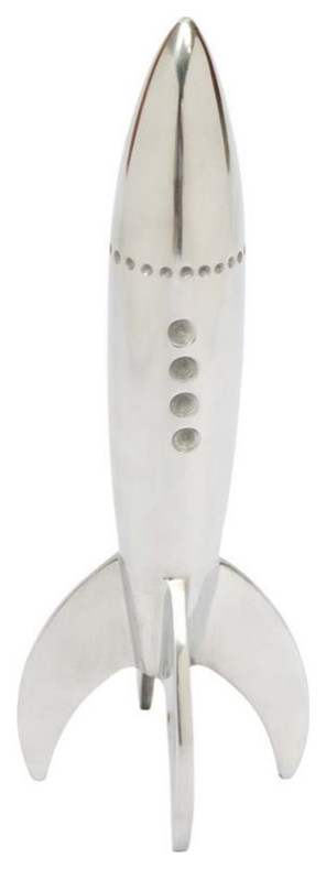 Maklaine Contemporary Retro Rocket Statue in Polished Silver