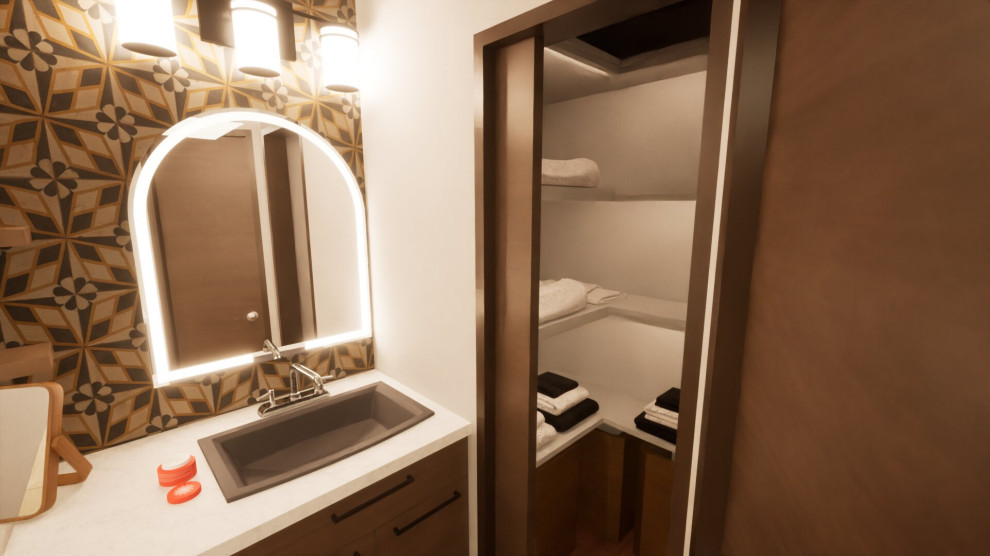 Bild på ett mycket stort medelhavsstil beige beige en-suite badrum, med en öppen dusch, brun kakel, perrakottakakel, beige väggar, klinkergolv i porslin, ett undermonterad handfat, bänkskiva i kvarts, beiget golv och med dusch som är öppen