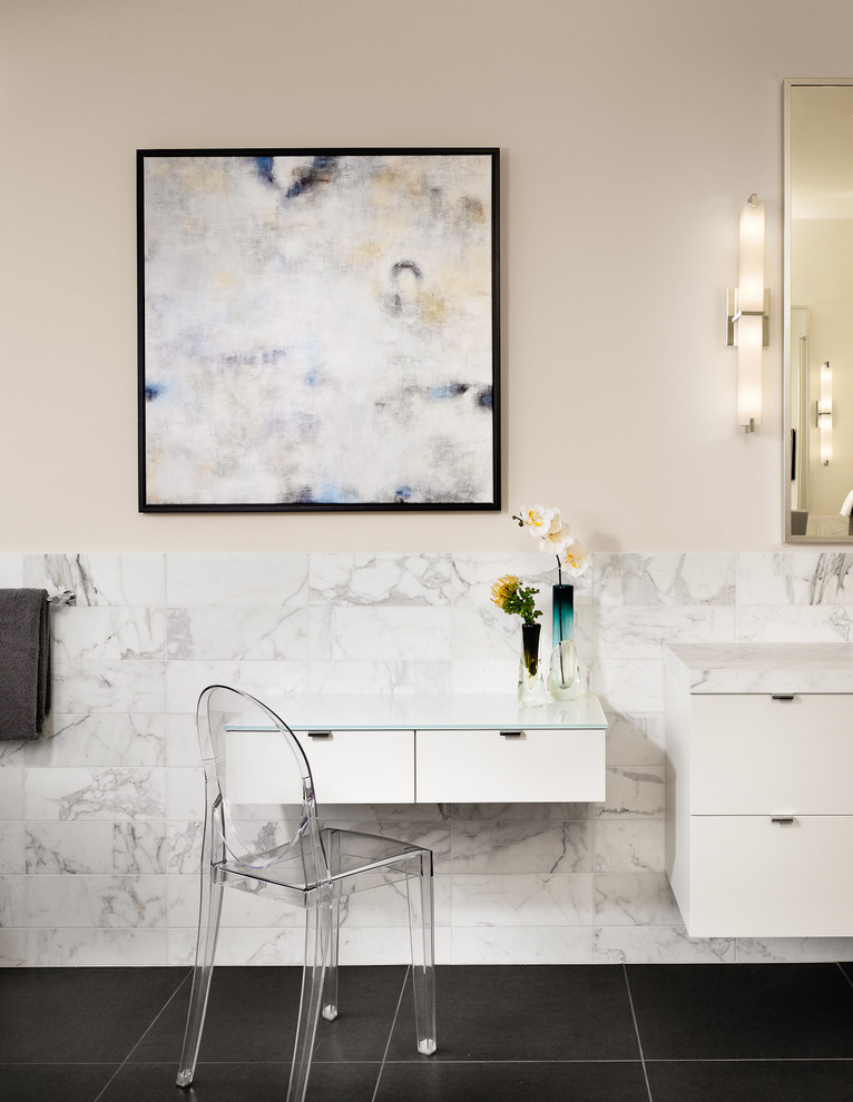 Inspiration for a contemporary bathroom in Austin with flat-panel cabinets and white cabinets.