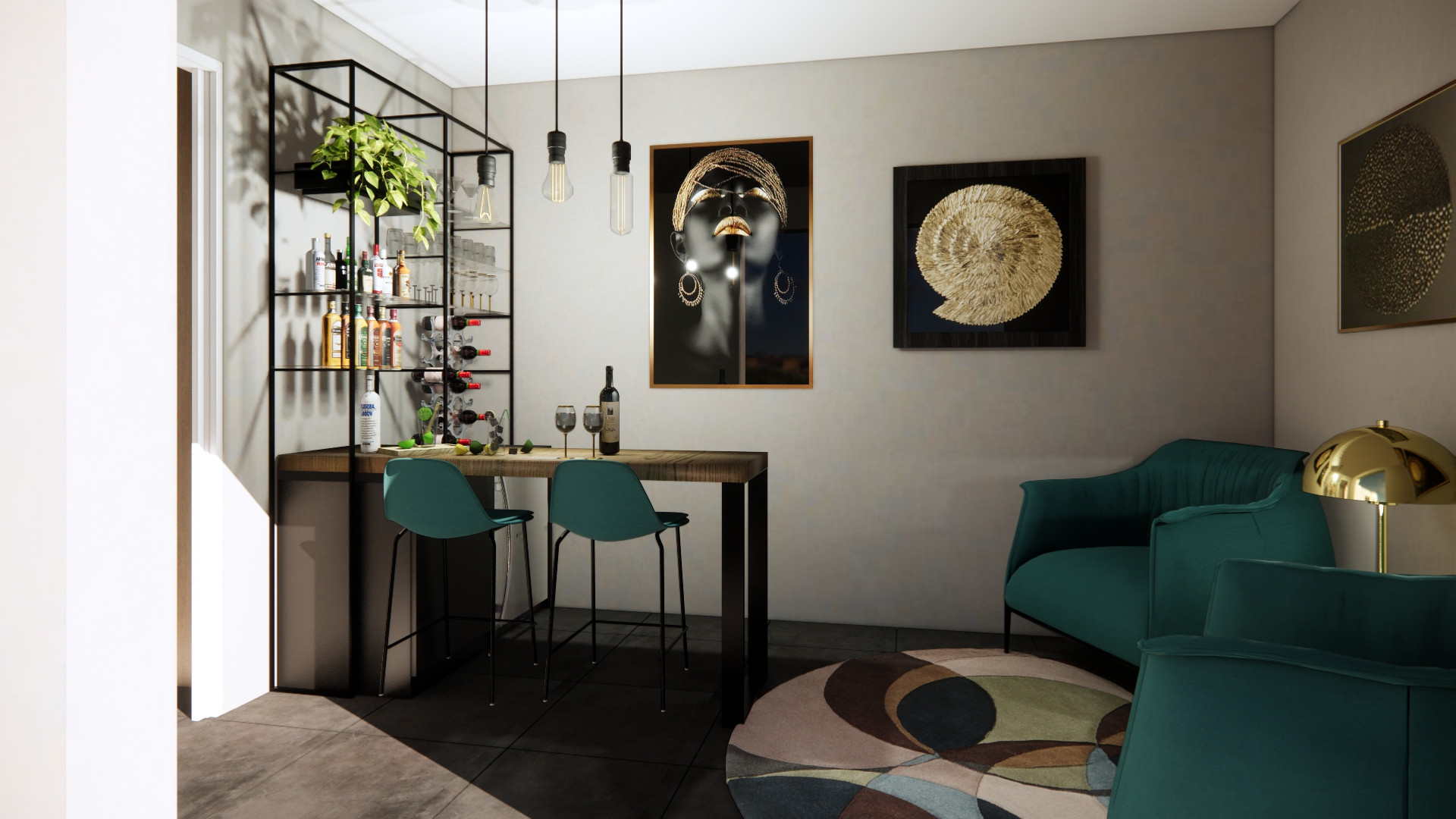 Render di progetto della sala bar