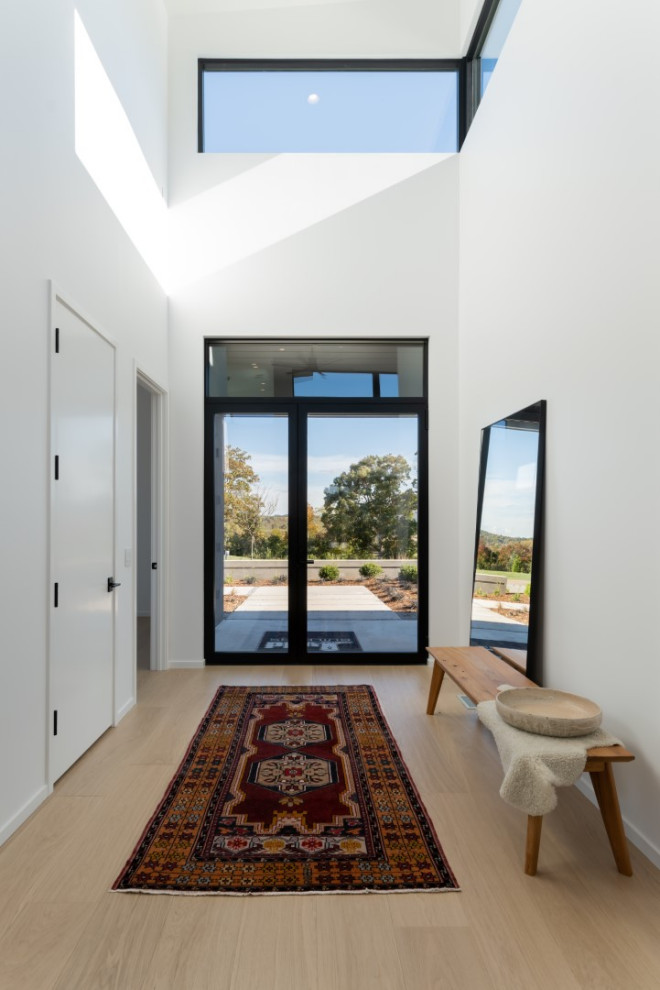 Идея дизайна: фойе среднего размера в современном стиле с белыми стенами, светлым паркетным полом, одностворчатой входной дверью, бежевым полом и стеклянной входной дверью