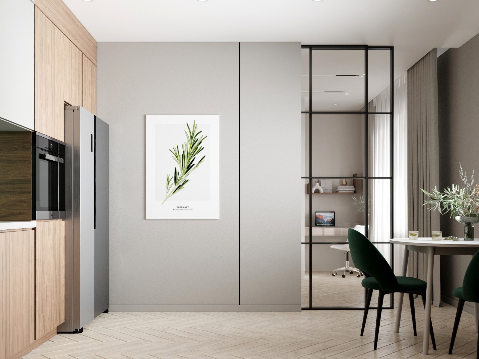 Кухня в скандинавском стилес зелеными акцентами в ЖК "Нахабино"