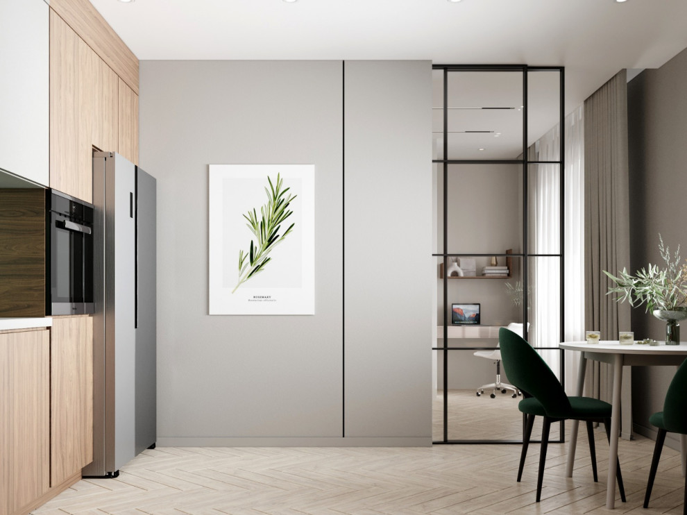 Кухня в скандинавском стилес зелеными акцентами в ЖК "Нахабино"