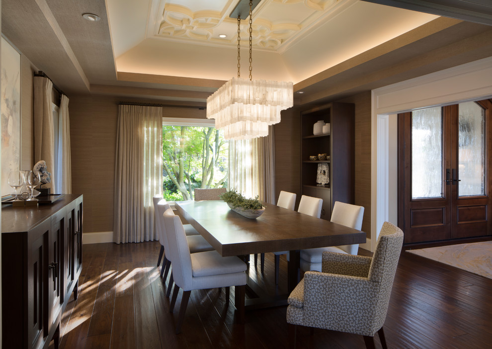 Inspiration for a large contemporary separate dining room in San Francisco with brown walls, dark hardwood floors, no fireplace and brown floor.