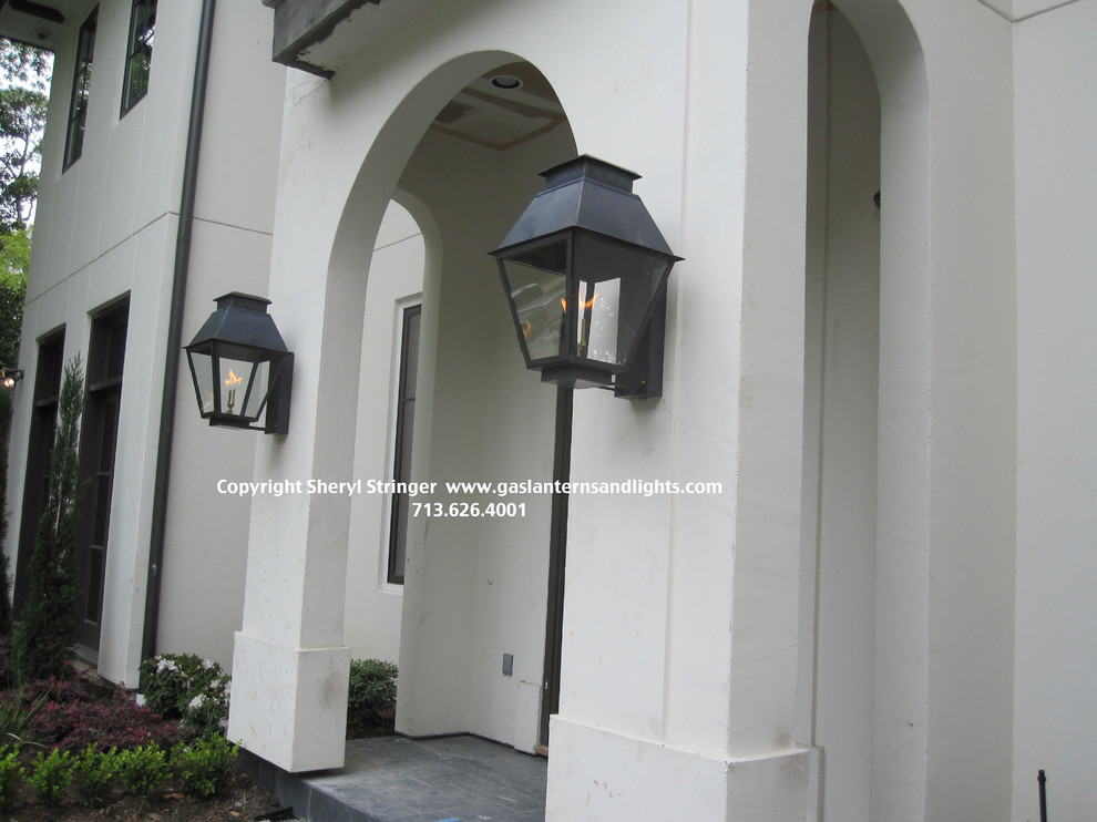 Sheryl's Extra Large V Style Gas Lanterns on Contemporary Home