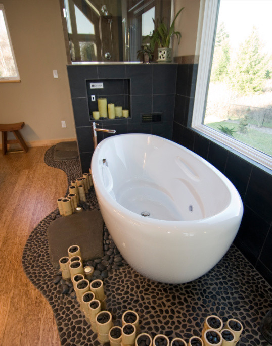 Freestanding bathtub - large transitional master medium tone wood floor freestanding bathtub idea